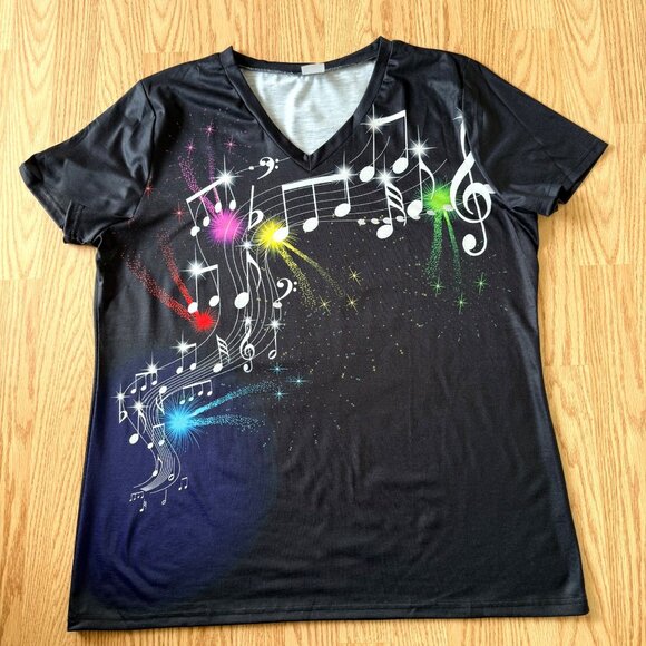 Womens Music Notes Graphic Tee Size XXL Black Rainbow Print V Neck Shirt Top - Picture 2 of 8